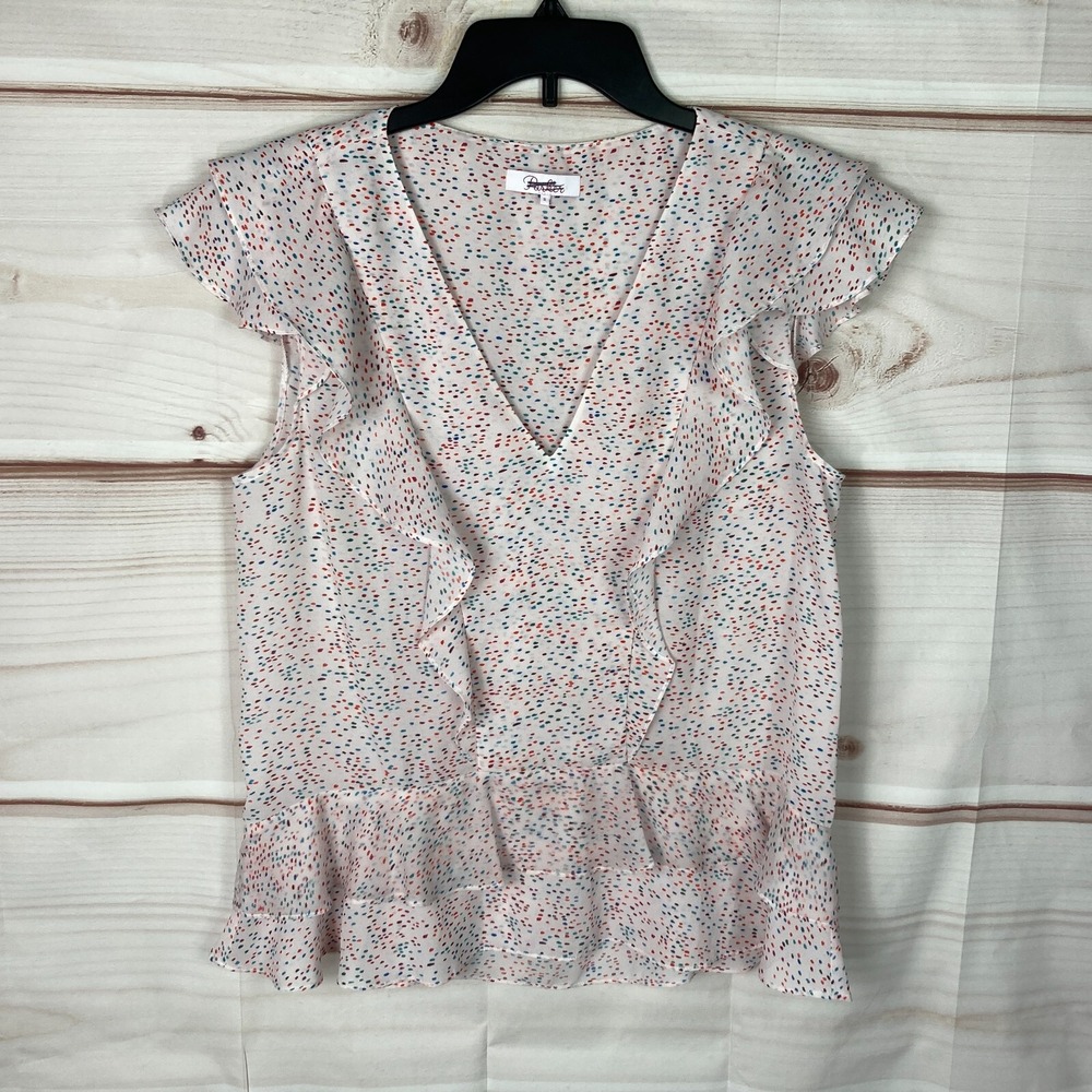 Parker Top Womens S Pink Dot Print Blouse Riffles V-Neck Flutter Sleeve Pullover